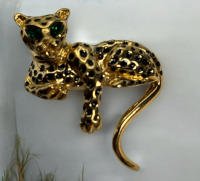 D' ORLAN Leopard Brooch Black Enamel Spots Emerald Green Rhinestone Eyes Signed