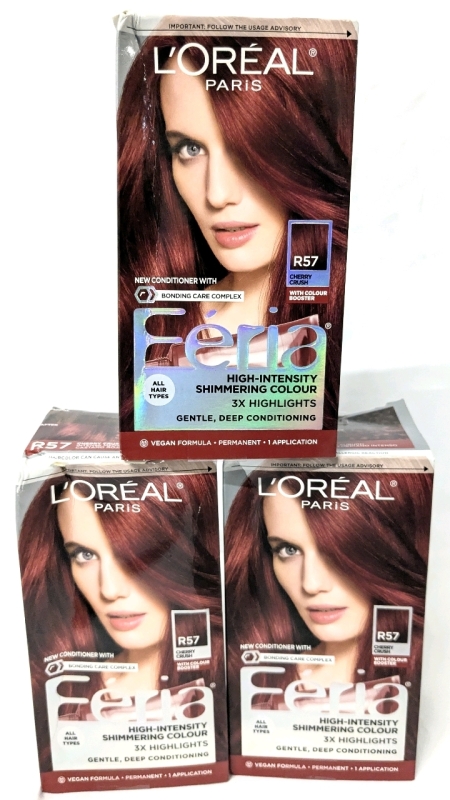 3 New L'Or&eacute;al F&eacute;ria "#R57 Cherry Crush" Shimmering Permanent Hair Colour Kits | Over $50 Retail Value