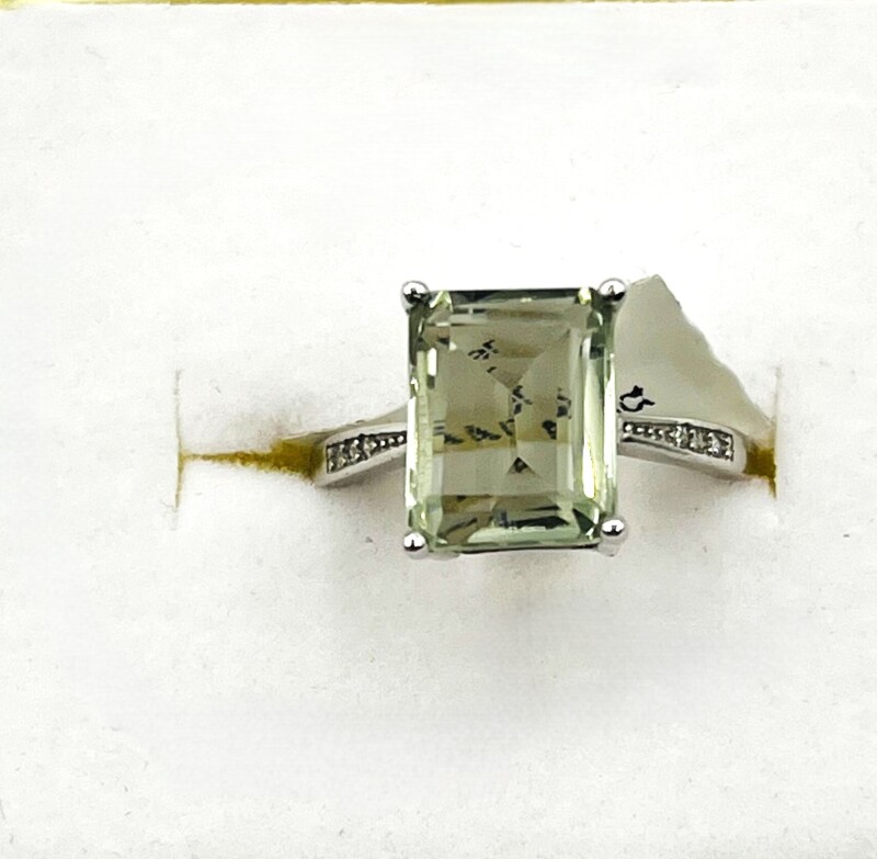 Sterling Silver Natural Greened Amethyst (3ct) and CZ (0.06ct) Ring, Size 8, W/A $400.00.