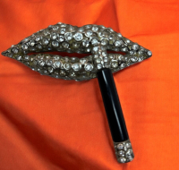 Signed RENA LANGE Rhinestone Enamel Lip Brooch Rare Designer
