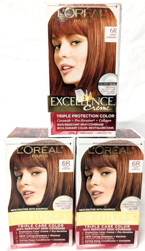 3 New L'Or&eacute;al Excellence Cr&egrave;me "#6R Light Auburn" Permanent Hair Colour Kits Retails Over $35