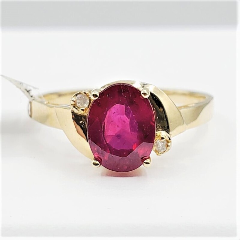 10KT Yellow Gold Natural Enhanced Ruby (1.66ct) and Natural Diamond (0.02ct) Ring, Size 7.25, W/A $1450.00. Ruby is the birthstone for July.