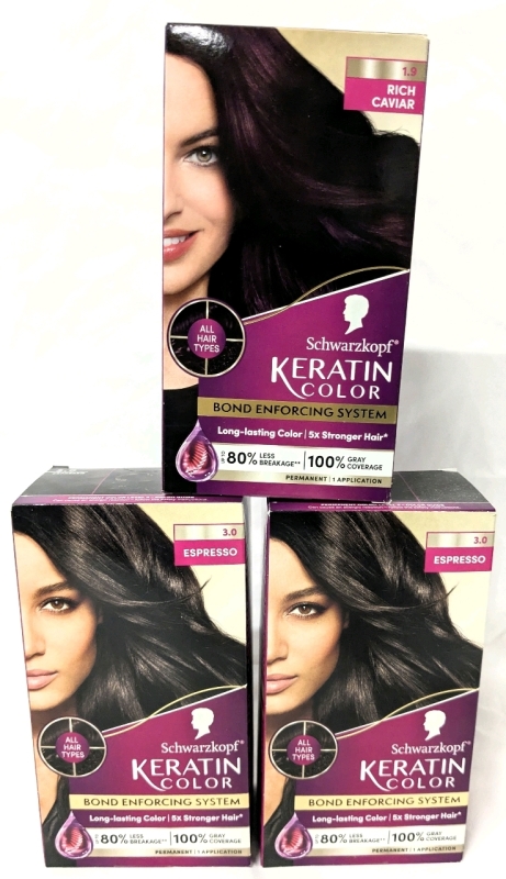 2 New Schwarzkopf Keratin "#3.0 Espresso" & "#1.9 Rich Caviar" Permanent Hair Colour Kits | Over $30 Retail Value