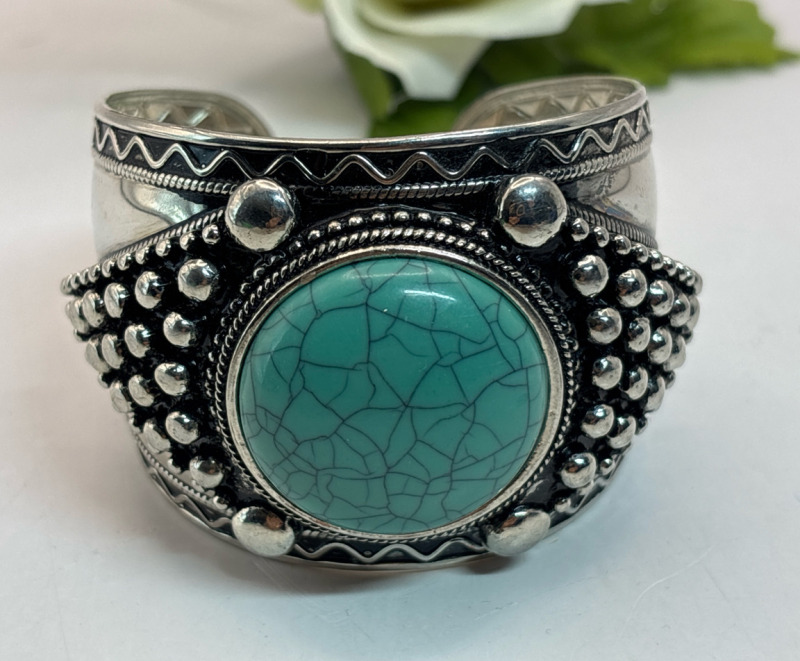 Signed Statement Cuff Large Round Faux Turquoise Beadwork
