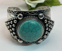 Signed Statement Cuff Large Round Faux Turquoise Beadwork