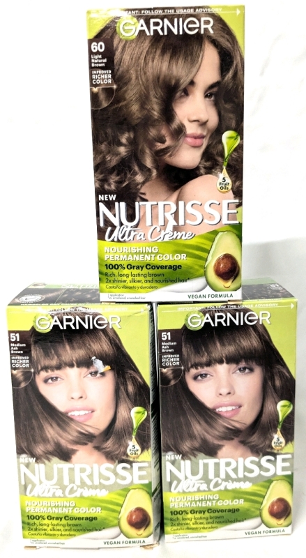 2 New Garnier Nutrisse #51 Medium Ash Brown/ Cool Tea & #60 Light Natural Brown/Acorn Hair Colour Kits