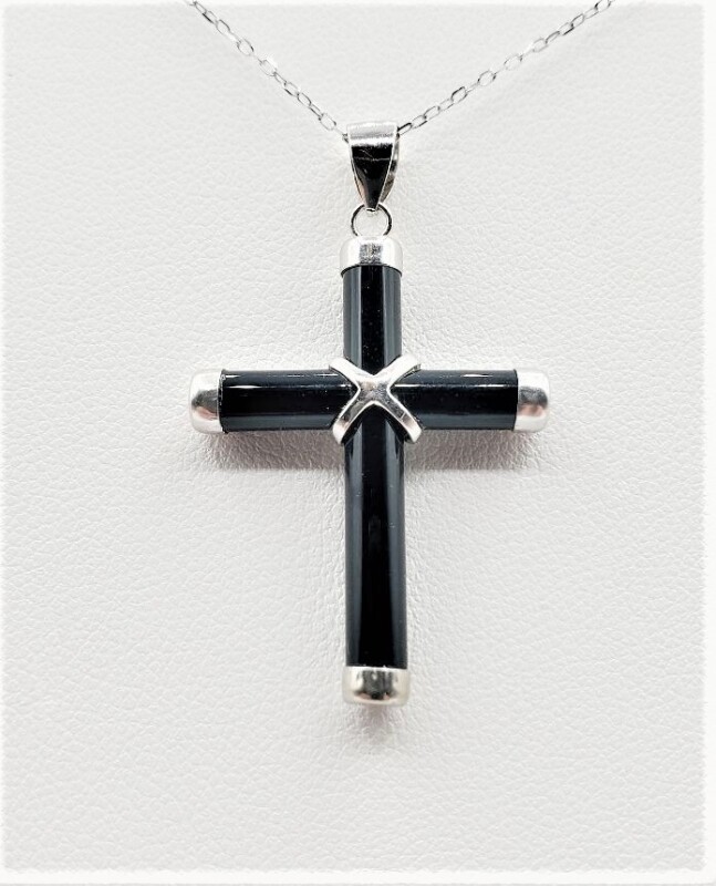 Sterling Silver Black Onyx (6ct) Cross Pendant with Sterling Silver Chain, W/A $545.00.