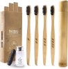 4 New Bamboo Soft Bristle Toothbrushes with Charcoal Dental Floss (30 Metres) & Bamboo Travel Tube