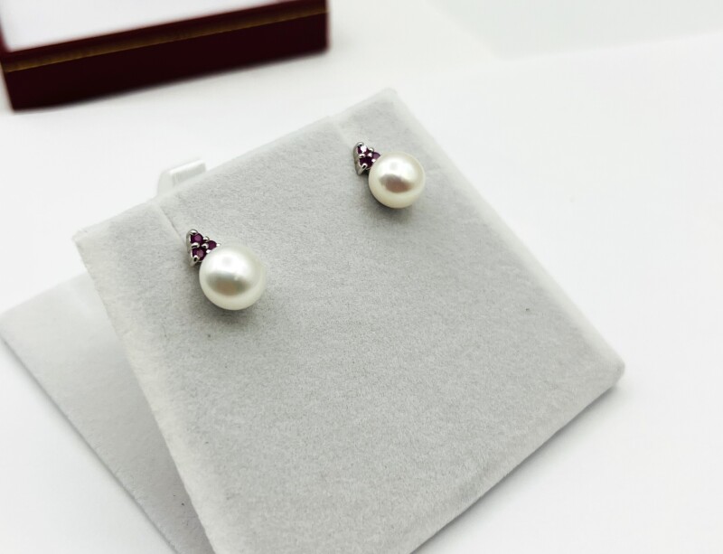 Sterling Silver Natural Rubies (0.12ct) and Pearl 8.6mm Earring, W/A $400.00. Ruby is the birthstone for July.