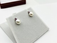 Sterling Silver Natural Rubies (0.12ct) and Pearl 8.6mm Earring, W/A $400.00. Ruby is the birthstone for July.