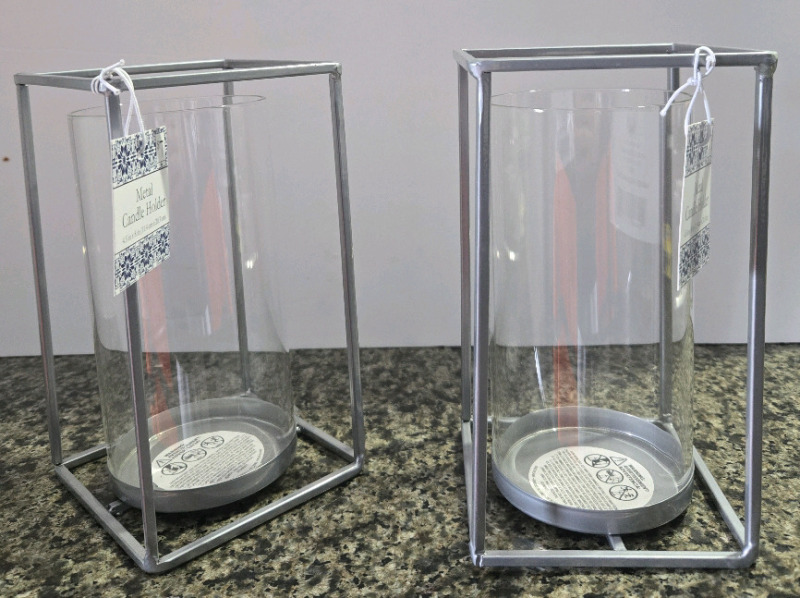 2 New | Metal Candle Holders W/ Glass Inserts | 4.5" x 8" Tall