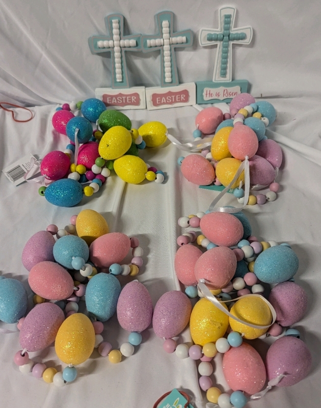 Easter Decor Lot - 4 6ft' Beaded Easter Garlands and 3 Table Top Easter Crosses (6.25" Tall)