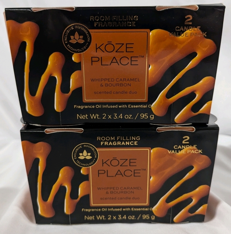 4 New Kōze Place Whipped Caramel & Bourbon Scented Candles. 95g Each. Strongly Scented.