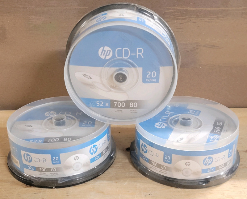 New - 3-Packs HP CD-R 52&times; Blank CDs . 20 Cds Per Pack . Sealed