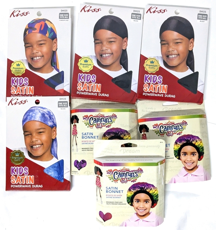 3 New Kids Size Camryn's BFF Satin Bonnets (Reduced Frizz!) & 4 New Kids Size Satin Powerwave Durags | One Size Fits Most