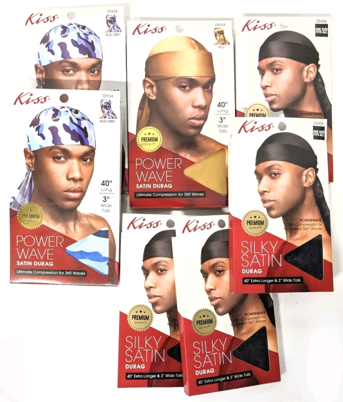 4 New O/S Kiss Silky Satin Durags 40" with 3" Wide Tails + 3 Power Wave Satin Durags (2 Blue Camo, 1 Gold)