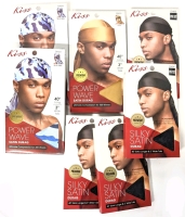 4 New O/S Kiss Silky Satin Durags 40" with 3" Wide Tails + 3 Power Wave Satin Durags (2 Blue Camo, 1 Gold)