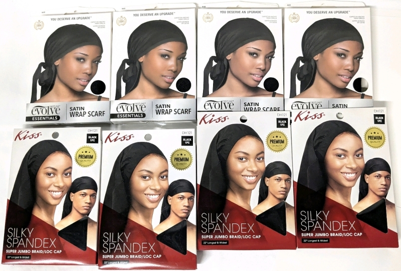 4 New Kiss Silky Spandex Super Jumbo Braid/Loc Caps (22" LxW) & 4 O/S Evolve Satin Wrap Scarves