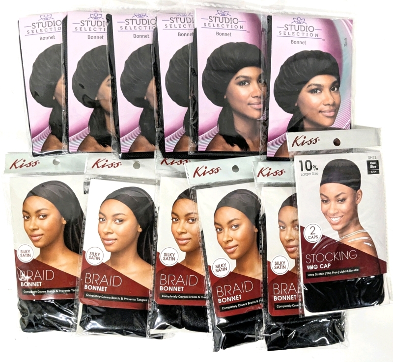 6 New O/S Studio Selection Bonnets, 5 New Kiss Silky Satin Braid Bonnet & 2-Pack Stocking Wig Caps