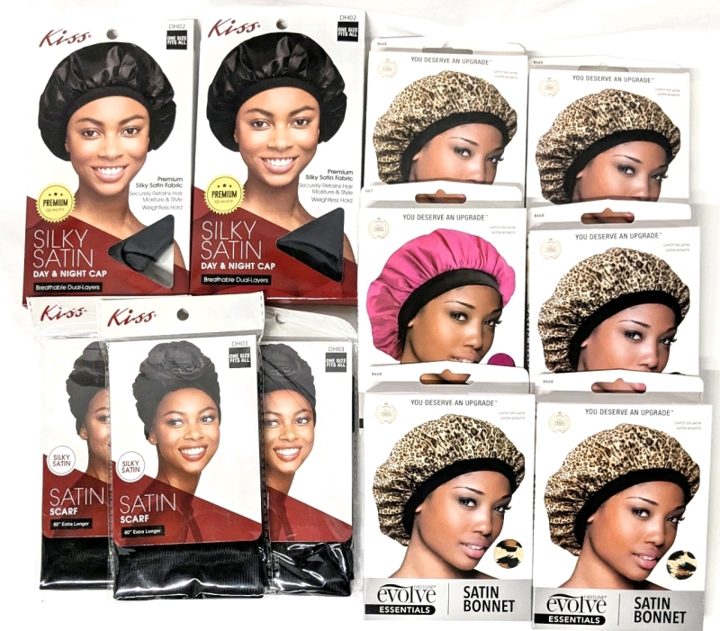 6 New O/S Evolve Satin Bonnets (5 Leopard Print, 1 Pink), 2 Kiss Silky Satin Day / Night Caps + 3 Kiss Silky Satin Scarves (60")