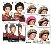 6 New O/S Evolve Satin Bonnets (5 Leopard Print, 1 Pink), 2 Kiss Silky Satin Day / Night Caps + 3 Kiss Silky Satin Scarves (60")
