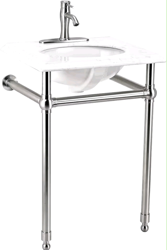 New - Arlington Moorefield Console Single Sink , White Porcelain and Brushed Nickel Stainless Steel, Classic Modern Style, pre-drilled Holes for 4" Centerset Faucet, Double-Glazed Porcelain . Retail $200