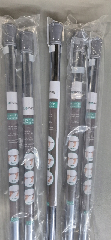 5 New Trueliving Super Grip Shower Tension Rods - Adjusts From 43 to 72" Chrome