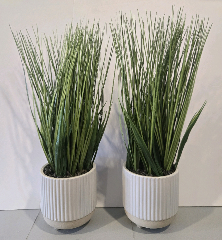 2 New | Faux Tallgrass Plants W/ Ceramic Pots 16" Tall
