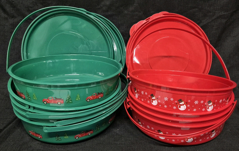 9 New Holiday Style Carriers with Handles 11" Diameter & 3" Deep
