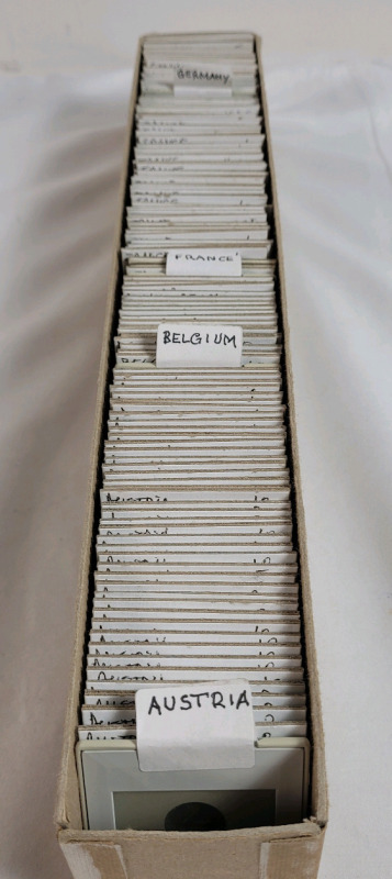 1907 - 1985 World Coin & Token Lot . 125+ Coins in 2&times;2 Coin Holders . Austria , Belgium , France & Germany