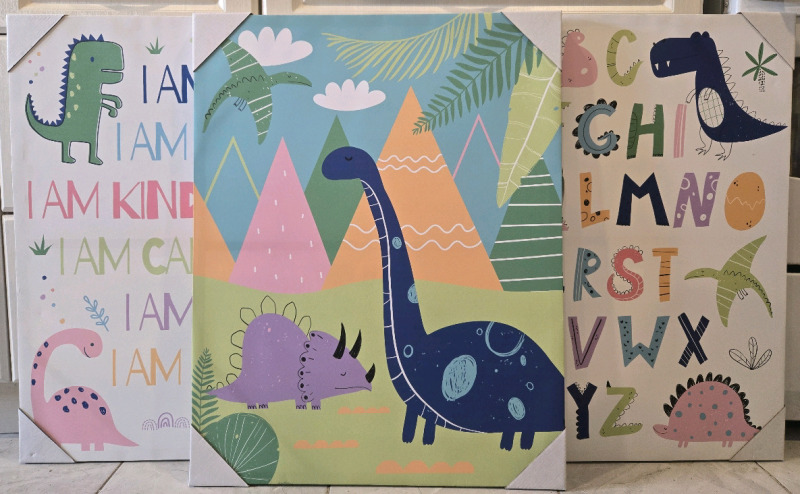 3 New | Kids Dino Themed Canvas Wall Prints | Includes Alphabet