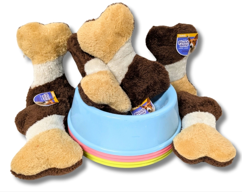 5 New Large Plastic Dog Bowls (10" Diameter x 3" Tall) & 6 Plush Squeaky Bone Chase + Chew Toys (8.25" Long)