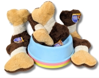 5 New Large Plastic Dog Bowls (10" Diameter x 3" Tall) & 6 Plush Squeaky Bone Chase + Chew Toys (8.25" Long)