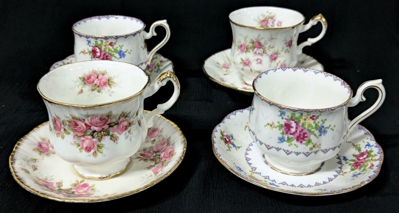 4 PARAGON + ROYAL ALBERT Tea Cups & Saucers including Petit Point, Victoriana Rose, Elizabeth Rose