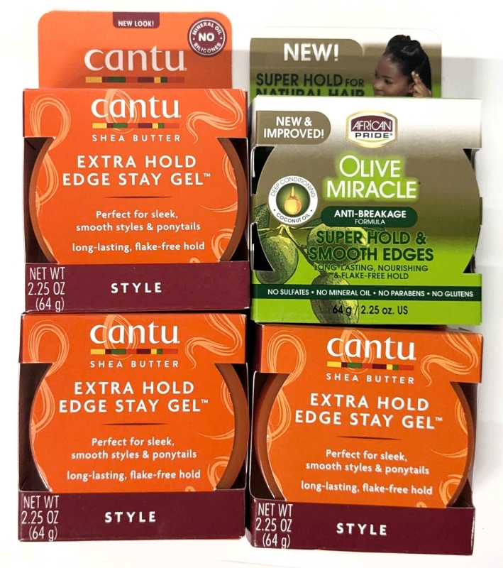 3 New CANTU Shea Butter Extra Hold Edge Stray Gels 64g ea + Olive Miracle Super Hold & Smooth Edges Gel 64g