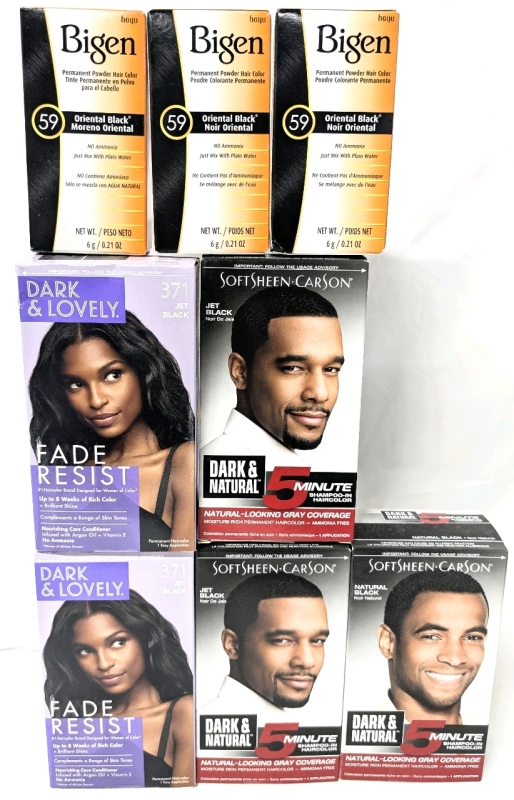 8 New Black Hair Dyes : 2x Bigen #59 Oriental Black, 2x Dark & Lovely #371 Jet Black, 2x SoftSheen Carson Jet Black + 1x Natural Black