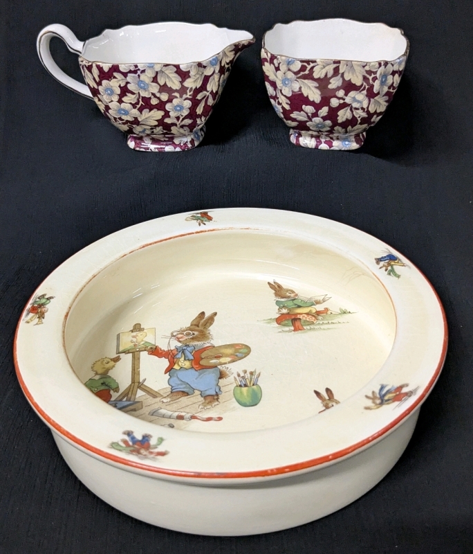 Vintage Royal Winton : Bunny's Playtime Bowl & Nelson Ware Creamer + Sugar Dish | Bunny Bowl 6.75" Diameter x 1.6" Tall
