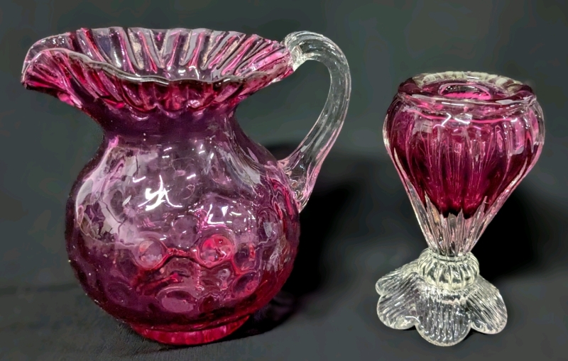 2 Pieces Cranberry Glass : Signed ROSSI Petal-Base Candle Holder & Textured Jug with Pulled Handle - Up to 6.25" Tall