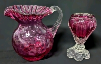 2 Pieces Cranberry Glass : Signed ROSSI Petal-Base Candle Holder & Textured Jug with Pulled Handle - Up to 6.25" Tall