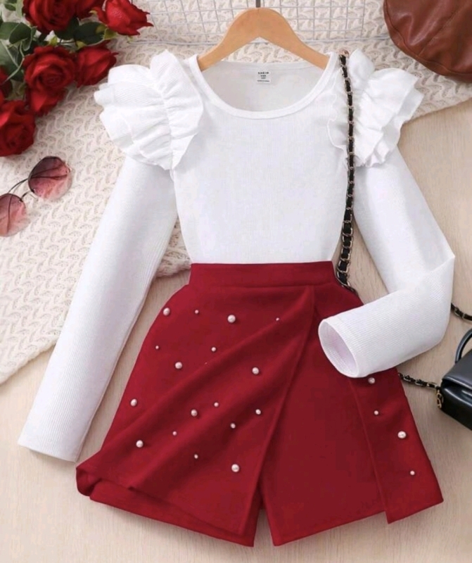 New sz 9yrs Girls Ruffled Shoulder Long Sleeve Top + Faux Pearl Decor Skort