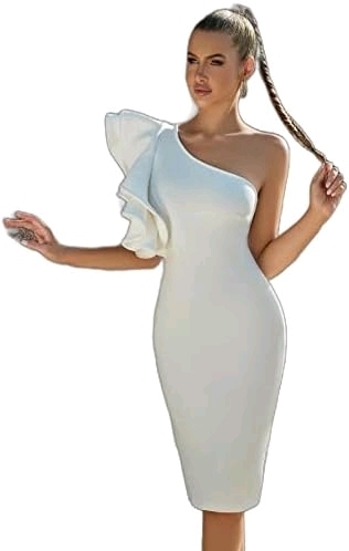 New sz Medium Adyce One Shoulder Maxi Ruffle Split Back Dress - White<br/>