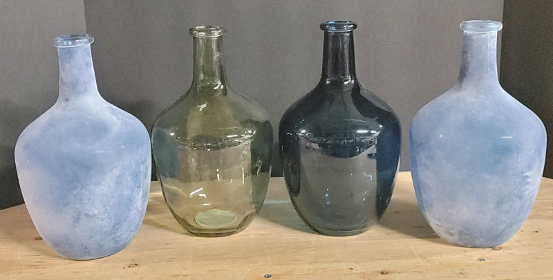 New - Four (4) TrueLiving Decorative Home Decor Vases . Each measures 10" tall . Blue , Blue Frost & Olive