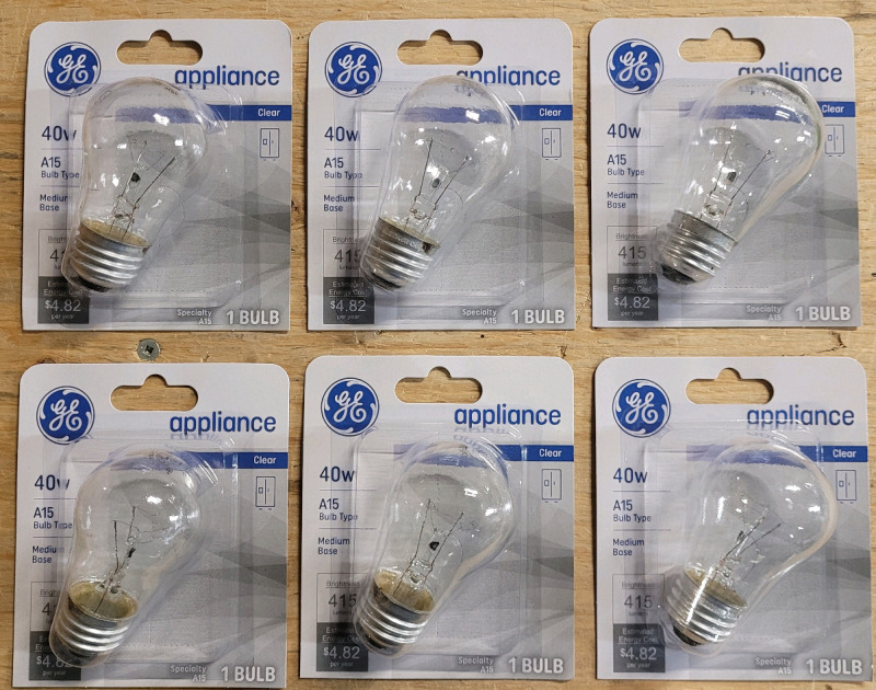 New - Six (6) GE 40watt Appliance Light Bulbs , A15 Bulb Type
