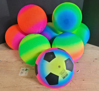 New - 8 (eight) 8.5" Diameter Neon Rainbow Bouncey Balls . Various Multi-Color