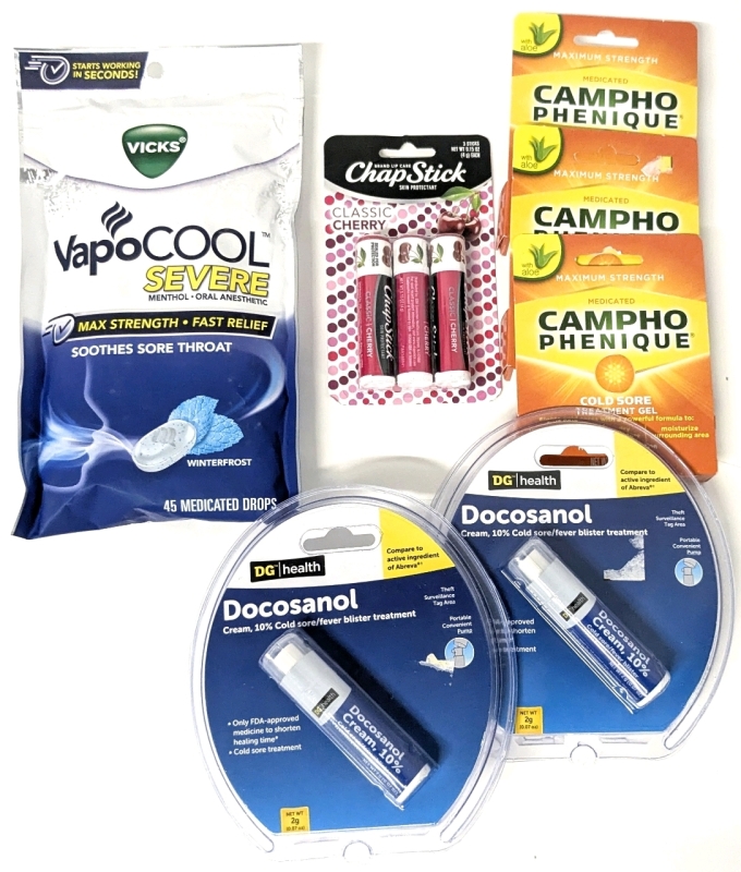 2 New 10% Docosanol 2g & 3 Campho Phenique 8.5g Cold Sore Treatments, 3-Pack Cherry ChapStick 4g ea & Vicks VapoCool Severe Menthol Cough Drops (45 Drops)