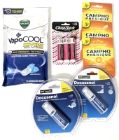 2 New 10% Docosanol 2g & 3 Campho Phenique 8.5g Cold Sore Treatments, 3-Pack Cherry ChapStick 4g ea & Vicks VapoCool Severe Menthol Cough Drops (45 Drops)
