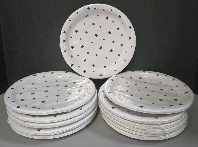 96 New | Paper Plates W/ Star Theme | 9" Dia. 12 packs of 8.