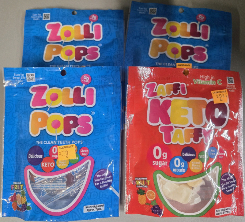 4 New Packs | ( 3 ) Zolli Pops: The Clean Teeth Pops & ( 1 ) Zaffi Keto Taffy: High In Vitamin C