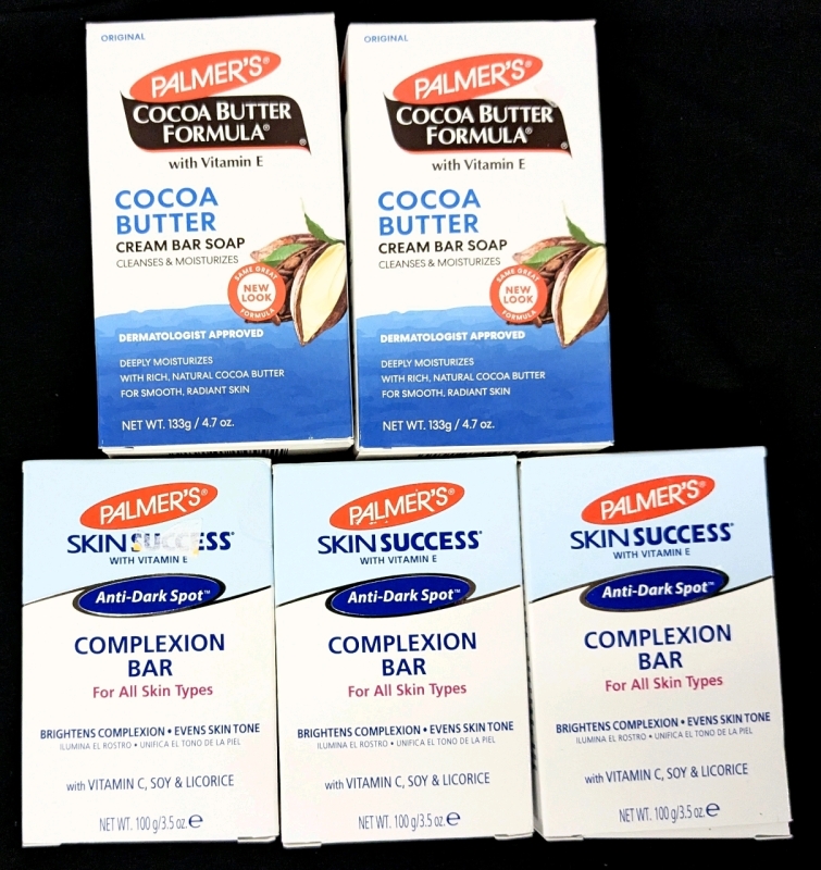 2 New PALMER'S Cocoa Butter Cream Bar Soaps 133g ea & 3 PALMER'S Anti Dark Spot Complexion Bars 100g ea