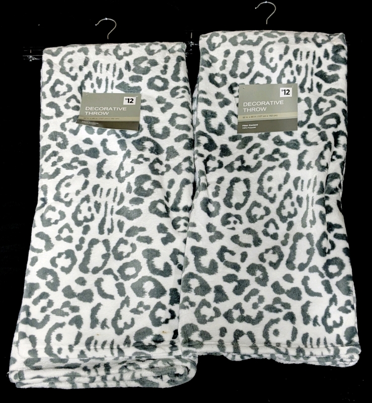2 New Snow Leopard Print Decorative Throw Blankets on Wooden Hangers - 50" x 60" ea